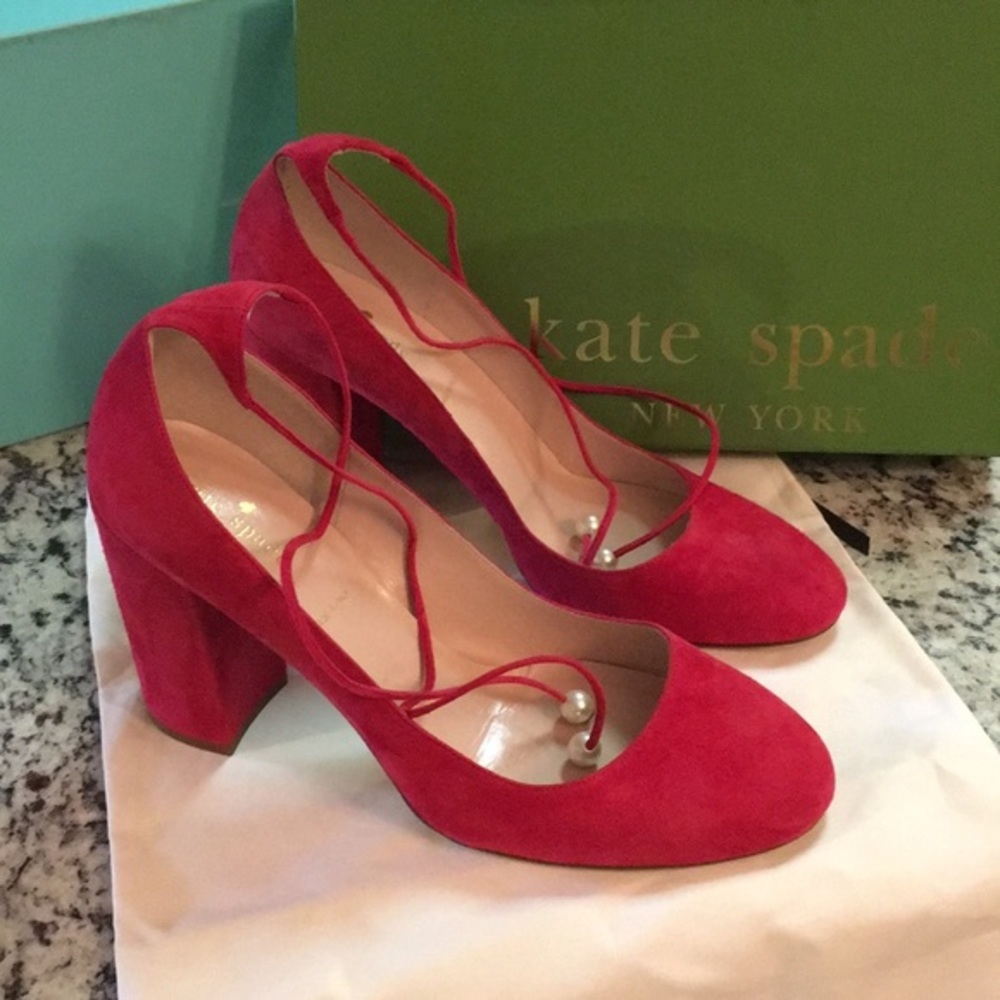 Kate Spade Heels Block Ankle Tie Pearls Mary Janes - Picture 3 of 7